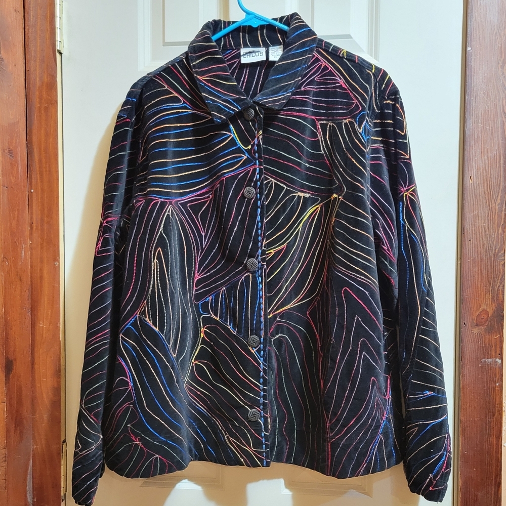 Chico's Multi-color Embroidery on Button Up Velour Jacket Chico's Women's Siz 2